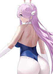 Rule 34 | 1girl, absurdres, animal ears, ass, azur lane, bare back, bare shoulders, blue leotard, breasts, butterfly hair ornament, closed mouth, fake animal ears, from behind, gloves, green eyes, hair ornament, hair over one eye, highres, large breasts, leotard, long hair, looking at viewer, louisville (an order of dreams) (azur lane), louisville (azur lane), obniermarbiss, official alternate costume, pantyhose, pink hair, rabbit ears, simple background, solo, strapless, strapless leotard, thong leotard, very long hair, white background, white gloves, white pantyhose