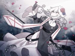 Rule 34 | 122pxsheol, 1girl, belt, black dress, black gloves, blue eyes, cross, cross necklace, dress, expressionless, flower, game cg, gloves, hair flower, hair flowing over, hair ornament, haku eckaran, hand up, happy saint sheol, jewelry, long sleeves, looking to the side, necklace, non-web source, official art, petals, polearm, ponytail, puffy long sleeves, puffy sleeves, rose petals, scarf, sidelocks, weapon, white dress, white flower, white hair, white scarf, wind