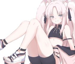 Rule 34 | 1girl, ahoge, animal ear fluff, animal ears, bare shoulders, black ribbon, black shirt, black shorts, blue archive, blush, commentary request, cropped shirt, flat chest, grey eyes, grin, hair ribbon, highres, jacket, knees up, kuzunoha (blue archive), long hair, looking at viewer, neck tassel, off shoulder, pink hair, pink jacket, preste, ribbon, shirt, shoes, shorts, simple background, sitting, sleeveless, sleeveless shirt, smile, solo, sweat, twintails, very long hair, white background