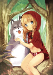 Rule 34 | 1girl, blonde hair, blue eyes, blush, bow, bow panties, bra, braid, cape, child, dog, flat chest, forest, hair ribbon, hood, lingerie, little red riding hood, little red riding hood (grimm), long hair, looking at viewer, midorikawa you, nature, no pants, no shirt, panties, red cape, red panties, ribbon, sitting, smile, solo, striped clothes, striped panties, twin braids, underwear, vertical-striped clothes, vertical-striped panties, wolf