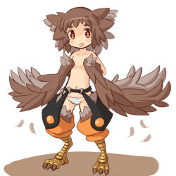 Rule 34 | 1girl, bird legs, blush stickers, brown feathers, brown hair, chestnut mouth, commentary request, feathered wings, feathers, garoudo (kadouhan&#039;i), harpy, monster girl, navel, open mouth, orange eyes, orange panties, panties, short hair, solo, striped clothes, striped panties, talons, thick eyebrows, topless, underwear, winged arms, wings