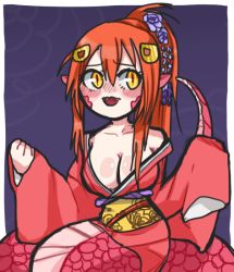 Rule 34 | 10s, 1girl, bare shoulders, blush, breasts, cleavage, fangs, hair ornament, hairclip, japanese clothes, kimono, lamia, large breasts, long hair, long sleeves, miia (monster musume), monster girl, monster musume no iru nichijou, pointy ears, ponytail, pyoko (sandwicha), red hair, scales, simple background, sketch, slit pupils, solo, wide sleeves, yellow eyes