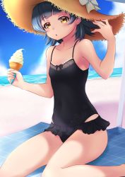 Rule 34 | 1girl, absurdres, arare (kancolle), beach, black hair, black one-piece swimsuit, blue sky, brown eyes, casual one-piece swimsuit, cloud, collarbone, commentary request, covered navel, day, flat chest, food, hat, highres, horizon, ice cream, kantai collection, looking at viewer, makura (y makura), ocean, one-piece swimsuit, outdoors, short hair, sitting, sky, soft serve, solo, straw hat, sun hat, swimsuit, swimsuit skirt, wariza