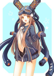 Rule 34 | 10s, 1girl, :d, bad id, bad pixiv id, brown hair, cable, center opening, cowboy shot, fang, gloves, goggles, goggles on head, hair flaps, helmet, hexagon, iona (last period), kerchief, last period, long hair, long sleeves, looking at viewer, navel, open mouth, orange eyes, sailor collar, sidelocks, smile, solo, tareme, unzipped, usamito, zipper