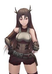 Rule 34 | 1girl, breasts, brown hair, executioner (girls&#039; frontline), feet out of frame, girls&#039; frontline, hand on own hip, horns, long hair, looking at viewer, mechanical arms, mechanical hands, medium breasts, open mouth, red eyes, sangvis ferri, single mechanical arm, single mechanical hand, solo, standing, thatob, thighhighs, white background