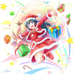 Rule 34 | 1girl, :d, black hair, blue eyes, boots, box, candy, christmas, dress, food, gift, gift box, hat, highres, knee boots, long hair, looking at viewer, nicca (kid nicca), open mouth, original, outstretched arms, red dress, sack, santa hat, smile, solo, spread arms, stuffed animal, stuffed reindeer, stuffed toy