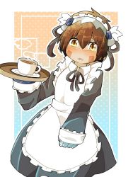 Rule 34 | 1boy, alternate costume, apron, black dress, black ribbon, blue background, blush, border, brown hair, commentary request, crossdressing, cup, dark-skinned male, dark skin, dress, drink, dutch angle, enmaided, eyebrows hidden by hair, eyes visible through hair, facial mark, frilled apron, frilled sleeves, frills, gradient background, hair ornament, hair ribbon, highres, holding, holding tray, juliet sleeves, lekusa, long sleeves, looking at viewer, made in abyss, maid, maid apron, maid headdress, mechanical hands, metal hairband, neck ribbon, orange background, outline, outside border, parted lips, pointy ears, polka dot, polka dot background, puffy sleeves, regu (made in abyss), ribbon, saucer, short hair, sleeveless, sleeves past wrists, solo, steam, teacup, thick eyebrows, tray, two-tone background, white apron, white border, white outline, wing collar, yellow eyes