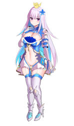 Rule 34 | 1girl, alternate breast size, armor, bird, blue hair, blush, breasts, chick, chin (motio7201), cleavage, cleavage cutout, clothing cutout, commentary request, flower, garter straps, greaves, hair flower, hair ornament, high heels, large breasts, light purple hair, lize helesta, lize helesta (valkyrie hero), monocle, multicolored hair, navel, nervous smile, nijisanji, purple eyes, sebastian piyodore, simple background, skindentation, smile, solo, thighs, two-tone hair, virtual youtuber, white background