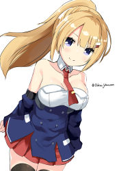 Rule 34 | 1girl, absurdres, astoria (azur lane), azur lane, black thighhighs, blonde hair, blue sleeves, blush, breasts, cleavage, closed mouth, collar, detached collar, detached sleeves, dutch angle, hair between eyes, hair ornament, hairclip, highres, long hair, long sleeves, looking at viewer, medium breasts, ochinsama, pleated skirt, ponytail, purple eyes, red neckwear, red skirt, simple background, skirt, sleeves past wrists, smile, solo, thighhighs, twitter username, very long hair, white background, white collar, wing collar