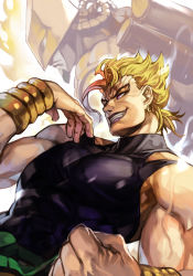 Rule 34 | 2boys, abs, bare shoulders, black shirt, blonde hair, clenched hand, dio brando, earrings, hungry clicker, jewelry, jojo no kimyou na bouken, lipstick, makeup, male focus, multiple boys, muscular, pants, purple eyes, purple lips, shirt, smile, stand (jojo), the world, vampire