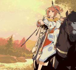 Rule 34 | 1girl, alternate costume, animal, aquila (kancolle), arrow (projectile), blush, bow (weapon), breasts, closed mouth, dongsa wonhyong, evening, hair ornament, hairclip, holding, holding bow (weapon), holding weapon, horse, horseback riding, kantai collection, large breasts, long sleeves, mountain, orange hair, outdoors, ponytail, quiver, riding, river, sheath, sheathed, sky, solo, sword, tree, water, weapon