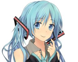 Rule 34 | 1girl, alternate hairstyle, blue eyes, blue hair, buma, detached sleeves, female focus, hatsune miku, headset, long hair, matching hair/eyes, necktie, simple background, solo, twintails, vocaloid, white background