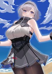Rule 34 | 1girl, absurdres, azur lane, bare shoulders, black gloves, black hairband, black pantyhose, blue eyes, blue sky, blush, breasts, closed mouth, cloud, cowboy shot, day, gloves, grey skirt, hair ornament, hairband, hairclip, high-waist skirt, high collar, highres, kujuu shikuro, large breasts, outdoors, pantyhose, pleated skirt, reno (azur lane), short hair, silver hair, skirt, sky, sleeveless, smile, solo, underbust, unfinished