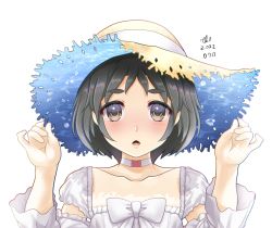 Rule 34 | 1girl, artist name, black eyes, black hair, blush, collarbone, dated, dress, hat, kantai collection, long sleeves, maru-yu (kancolle), open mouth, portrait, short hair, signature, simple background, solo, sun hat, tk8d32, white background, white dress