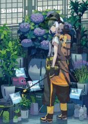 Rule 34 | 1girl, black footwear, black gloves, black pants, bottle, breasts, bucket, canister, closed mouth, earrings, english text, expressionless, flower, full body, gardening, gloves, green eyes, greenhouse, highres, holographic interface, hoop earrings, hydrangea, jewelry, lavender (flower), looking at viewer, original, pants, plant, potted plant, setamo map, shirt, shoes, short hair, short sleeves, silver hair, small breasts, sneakers, solo, standing, t-shirt, tile floor, tiles, tool belt, tools, visor, watering can, white shirt