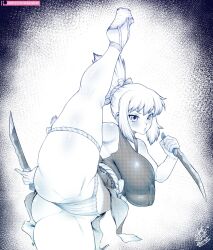 Rule 34 | 1girl, :o, ass, blush, breasts, captainjerkpants, clothes, covered erect nipples, dr. stone, female focus, fundoshi, highres, holding, holding weapon, japanese clothes, kohaku (dr. stone), large breasts, leg up, looking at viewer, ponytail, solo, standing, standing on one leg, weapon