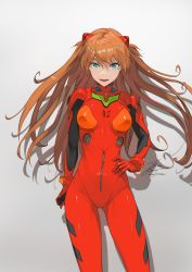 Rule 34 | 1girl, blue eyes, breasts, fadingz, gradient background, grey background, hand on own hip, highres, long hair, looking at viewer, medium breasts, neon genesis evangelion, open mouth, orange hair, pixiv id, plugsuit, shadow, signature, smile, solo, souryuu asuka langley