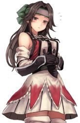 Rule 34 | 2girls, bare shoulders, black gloves, blush, brown eyes, brown hair, closed mouth, cowboy shot, dress, elbow gloves, embarrassed, fairy (kancolle), frilled skirt, frills, giant, giantess, gloves, hair intakes, hands on own stomach, headband, jintsuu (kancolle), kantai collection, long hair, looking at viewer, mini person, minigirl, multiple girls, orange dress, sailor collar, sarashi, school uniform, serafuku, simple background, size difference, skirt, solo focus, thighhighs, upper body, utopia, white background, white legwear