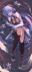 Rule 34 | 1girl, absurdres, ahoge, bare shoulders, bell, black gloves, blue gemstone, blue hair, bodystocking, bow, breasts, breasts squeezed together, detached sleeves, flower, ganyu (genshin impact), gem, genshin impact, gloves, goat horns, grey footwear, hair between eyes, hair bow, hands up, highres, horns, long hair, long sleeves, looking to the side, lying, medium breasts, neck bell, on back, partially submerged, ponytail, purple eyes, purple flower, red bow, river, shoes, sidelocks, solo, taku (user fhus8258), tassel, teeth, vision (genshin impact), water