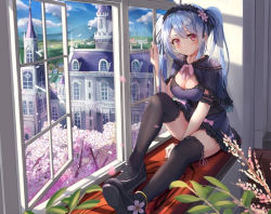 Rule 34 | 1girl, arm between legs, arm strap, bird, black footwear, black thighhighs, blue dress, blue hair, blush, breasts, cleavage, dress, frilled dress, frills, full body, gothic lolita, hand on window, headdress, indie virtual youtuber, indoors, knee up, large breasts, lolita fashion, long hair, looking at viewer, nose (oekaki1825), open window, parted lips, petals, plant, red eyes, sitting, solo, thighhighs, thighs, twintails, virtual youtuber, window, zettai ryouiki