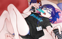 Rule 34 | 1girl, a-chan (hololive), absurdres, barefoot, blue eyes, blue panties, carpet, character doll, controller, food, glasses, highres, hololive, id card, lying, on back, open mouth, panties, pillow, popsicle, purple hair, remote control, shirt, short hair, solo, t-shirt, teeth, tokino sora, toro3, underwear, variant set, virtual youtuber