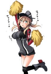 Rule 34 | 10s, 1girl, aqua eyes, arm up, black thighhighs, blonde hair, blush, boots, breasts, bursting breasts, hat, impossible clothes, kaminagi (kaminagi-tei), kantai collection, large breasts, leg up, long hair, looking at viewer, low twintails, microskirt, open mouth, panties, pantyshot, peaked cap, pom pom (cheerleading), prinz eugen (kancolle), skirt, solo, standing, thighhighs, tongue, twintails, underwear, white background, white panties
