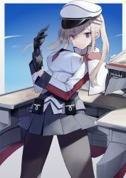 Rule 34 | 1girl, absurdres, black gloves, black pantyhose, blonde hair, breasts, capelet, cowboy shot, cross, gloves, graf zeppelin (kancolle), grey eyes, hair between eyes, hat, highres, jacket, kantai collection, large breasts, looking at viewer, machinery, military, military hat, military uniform, miniskirt, multicolored background, necktie, pantyhose, peaked cap, picoli1313, sidelocks, simple background, skirt, solo, tsurime, twintails, uniform, white background