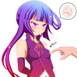Rule 34 | 10s, 1girl, arms behind back, bare shoulders, blue hair, blush, breast poke, breasts, clammy zell, covered erect nipples, heart, long hair, maeda kousuke, no game no life, poking, purple eyes, scowl, small breasts, solo focus, spoken squiggle, squiggle, trembling, upper body