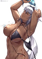Rule 34 | 1girl, absurdres, armpits, arms up, bikini, bikini top only, black bikini, black choker, black hairband, bottle, breasts, caenis (fate), censored nipples, chest tattoo, choker, closed eyes, closed mouth, commentary, convenient censoring, dark-skinned female, dark skin, fate/grand order, fate (series), hairband, highres, holding, holding bottle, large breasts, long hair, muscular, muscular female, navel, queasy s, simple background, smile, solo, stomach tattoo, swimsuit, tattoo, twitter username, water, water bottle, water censor, wet, wet hair, white background, white hair