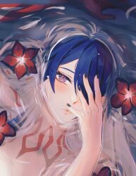 Rule 34 | 1girl, acheron (honkai: star rail), aoiabyss, black nails, blue hair, commentary request, flower, hand up, highres, honkai: star rail, honkai (series), nail polish, neck tattoo, partially submerged, purple eyes, red flower, solo, tattoo, water