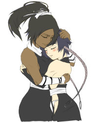 Rule 34 | 00s, 2girls, back, backless outfit, bare back, black hair, bleach, blue hair, blush, closed eyes, dark-skinned female, dark skin, gloves, hand on another&#039;s head, hug, multiple girls, ponytail, shihouin yoruichi, short hair with long locks, sui-feng, twintails, yuri