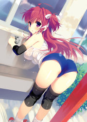Rule 34 | 1girl, ahoge, ass, bent over, breasts, buruma, cameltoe, dengeki moeou, elbow pads, from behind, gym shorts, hair ribbon, hanging breasts, highres, impossible clothes, impossible shirt, knee pads, looking back, pink hair, purple eyes, ribbon, santa matsuri, see-through, shirt, short shorts, shorts, solo, tank top, two side up, wet, wet clothes, wet shirt