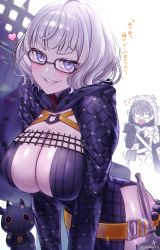 Rule 34 | 1boy, 1girl, absurdres, belt, black dress, black jacket, blue eyes, breasts, cleavage, cropped jacket, dress, dual persona, fate/grand order, fate/grand order arcade, fate (series), glasses, grey hair, grin, highres, hood, hooded jacket, jacket, jacques de molay (foreigner) (fate), jacques de molay (saber) (fate), lamb, large breasts, long sleeves, looking at viewer, open clothes, open jacket, sheep, short dress, short hair, smile, sword, thighs, translated, weapon, yayoi maka