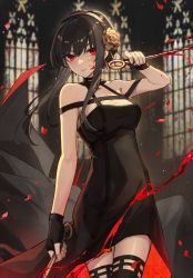Rule 34 | 1girl, bare shoulders, black dress, black gloves, black hair, black thighhighs, blood, breasts, cleavage, dagger, dress, eisuto, fingerless gloves, gloves, gold hairband, hair ornament, hairband, highres, knife, large breasts, long hair, looking at viewer, red eyes, sidelocks, solo, spy x family, thighhighs, thighs, weapon, yor briar