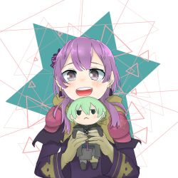 Rule 34 | 1girl, bernadetta von varley, byleth (fire emblem), byleth (male) (fire emblem), character doll, doll, female focus, fire emblem, fire emblem: three houses, gloves, grey eyes, hair ornament, highres, holding, holding doll, long hair, long sleeves, nintendo, open mouth, purple hair, sakura no yoru, simple background, smile, solo, upper body, white background, yellow gloves
