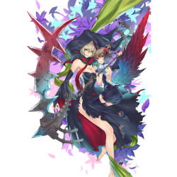 Rule 34 | 2girls, armpits, bare legs, bare shoulders, dress, flower, grin, hair flower, hair ornament, looking at viewer, multiple girls, nail polish, nidy, red nails, scythe, smile, thighhighs, wings, witch
