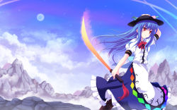 Rule 34 | 1girl, blue hair, boots, cross-laced footwear, cross (crossryou), dress, female focus, food, fruit, hand on headwear, hat, highres, hinanawi tenshi, long hair, mountain, peach, red eyes, solo, sword of hisou, touhou