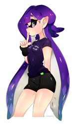 Rule 34 | 1girl, arm behind back, bike shorts, black wristband, breasts, domino mask, finger to mouth, grey eyes, highres, inkling, inkling girl, inkling player character, long hair, mask, multicolored hair, nintendo, nipples, nipples visible through clothes, nitronic, pants, pointy ears, purple hair, purple shirt, shirt, signature, simple background, small breasts, solo, splatoon (series), tagme, tentacle hair, thighs, tight clothes, tight pants, tight shirt, white background, wristband