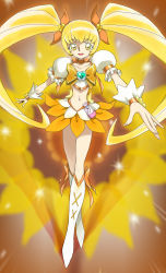 10s 1girl blonde_hair boots bow brooch choker cure_sunshine dress female_focus flower hair_ribbon heartcatch_precure! highres jewelry long_hair magical_girl midriff myoudouin_itsuki navel precure ribbon shijoh shijou_yukimasa smile solo sunflower twintails wrist_cuffs yellow_eyes yellow_theme