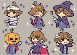 Rule 34 | 1boy, ace attorney, ace attorney investigations, ace attorney investigations 2, animal ears, ascot, black cape, blue jacket, brown eyes, brown hair, cape, cat ears, cat tail, closed mouth, fangs, gloves, halloween costume, hat, holding, holding wand, ichiyanagi yumihiko, jacket, jacket on shoulders, jitome, kemonomimi mode, male focus, multiple views, mummy costume, numae kaeru, outstretched arm, outstretched arms, pumpkin head, sparkle, tail, wand, white ascot, white gloves, witch hat, zombie pose