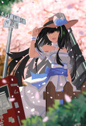 Rule 34 | 1girl, absurdres, arm up, bare arms, bare shoulders, black bow, black hair, blue flower, blue ribbon, bow, brown eyes, brown hat, bush, cherry blossoms, choker, commentary, commentary request, detached sleeves, dress, fence, flower, flower hat, frilled dress, frilled sleeves, frills, girls&#039; frontline, green hair, green hat, happy, hat, hat bow, head tilt, headphones, highres, holding, holding clothes, holding hat, long dress, long hair, looking to the side, m4a1 (girls&#039; frontline), m4a1 (mod3) (girls&#039; frontline), mod3 (girls&#039; frontline), multicolored hair, neckwear request, newspaper, newspaper box, open mouth, outdoors, partial commentary, petals, pink flower, pole, puffy sleeves, revision, ribbon, road sign, sidelocks, sign, smile, solo, standing, strapless, strapless dress, straw hat, sundress, tree, very long hair, waistband, weapon case, white choker, white dress, wjn-rance, wooden fence, wristband