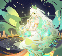 Rule 34 | 1girl, absurdres, ahoge, bare shoulders, breasts, chest tattoo, cleavage, collarbone, colored inner hair, commentary request, detached sleeves, dress, ermu (enmmm), gem, genshin impact, green eyes, hair between eyes, hair ornament, highres, jewelry, leaf hair ornament, long hair, long sleeves, looking away, medium breasts, multicolored hair, neck ring, pointy ears, rukkhadevata (genshin impact), sidelocks, sitting, solo, strapless, strapless dress, symbol-shaped pupils, tattoo, two-tone hair, wariza, white dress, white hair