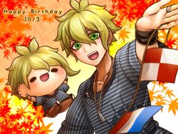 Rule 34 | 1boy, :d, amami rantaro, blonde hair, character doll, collarbone, danganronpa (series), danganronpa v3: killing harmony, earrings, green eyes, grey shirt, hair between eyes, happy birthday, jewelry, leaf, looking at viewer, male focus, maple leaf, necklace, open mouth, outstretched arm, shirt, short sleeves, smile, solo, striped clothes, striped shirt, upper body, wristband, yumaru (marumarumaru)