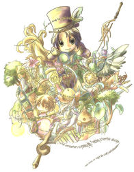 Rule 34 | 2boys, animal, banner, bat (animal), bird, brown eyes, brown hat, chain, closed mouth, creature, crystal, english text, frederic chopin, green eyes, hat, instrument, kouji (re.m.er), long sleeves, looking at viewer, male focus, multiple boys, mushroom, orange eyes, shield, smile, staff, sweat, top hat, tree, trusty bell, upper body