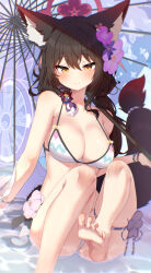 Rule 34 | 1girl, absurdres, animal ears, bare shoulders, bead bracelet, beads, bikini, black hair, blue archive, blush, bracelet, breasts, cleavage, collarbone, colored inner hair, eyeliner, flower, fox ears, fox girl, fox tail, hair flower, hair ornament, halo, highres, jewelry, large breasts, long hair, looking at viewer, low twintails, makeup, multicolored hair, official alternate costume, oil-paper umbrella, red hair, shore, smile, solo, swimsuit, tail, twintails, umbrella, w.k, wakamo (blue archive), wakamo (swimsuit) (blue archive), white bikini, yellow eyes