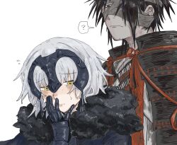 Rule 34 | 1boy, 1girl, ?, armor, bandaged head, bandages, black hair, chiemon (fate), closed mouth, fate/samurai remnant, fate (series), fur trim, hand to own mouth, headpiece, highres, japanese armor, japanese clothes, jeanne d&#039;arc alter (fate), jeanne d&#039;arc alter (lancer) (fate), light blush, looking at another, looking down, one eye covered, ruda (ruda 0616 tfj), short hair, shoulder armor, simple background, sode, spoken question mark, sweat, upper body, white background, white hair, yellow eyes