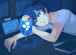 Rule 34 | 1boy, animated, animated gif, blinking, blue eyes, blue hair, book, bubble, cherry, desk, drink, food, fruit, ice, ice cube, looking at object, lying, open mouth, original, pixel art, shirt, toyoi yuuta, white shirt