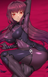 Rule 34 | arm up, armpits, bad id, bad pixiv id, bed sheet, bodysuit, breasts, covered erect nipples, fate/grand order, fate (series), hair intakes, impossible bodysuit, impossible clothes, large breasts, leotard, long hair, looking at viewer, lying, nt00, on side, purple bodysuit, purple hair, purple leotard, red eyes, revision, scathach (fate), smile, solo