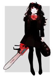 Rule 34 | 1girl, black eyes, black hair, blazer, bobbbob, bow, bowtie, case, chainsaw, collared shirt, eyeshadow, flower, full body, hair flower, hair ornament, head tilt, holding, holding weapon, jacket, long hair, makeup, original, power tool, shirt, short twintails, solo, twintails, weapon