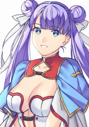 Rule 34 | 1girl, akapug621, alternate hairstyle, bad id, bad pixiv id, blue capelet, blue eyes, breasts, capelet, cleavage, cleavage cutout, clothing cutout, collarbone, commentary request, double bun, fate/grand order, fate (series), hair bun, hair ribbon, long hair, looking at viewer, martha (fate), medium breasts, purple hair, ribbon, simple background, smile, solo, twintails, upper body, very long hair, white background, white ribbon